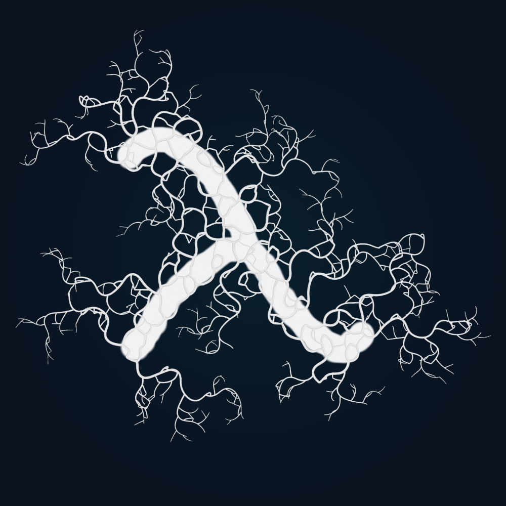A white branching vein network grown around a lambda-shaped stroke in PyxiGrow