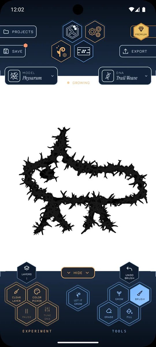 PyxiGrow app demo: drawing an animal outline, then tapping Let it Grow to grow a branching pattern around it